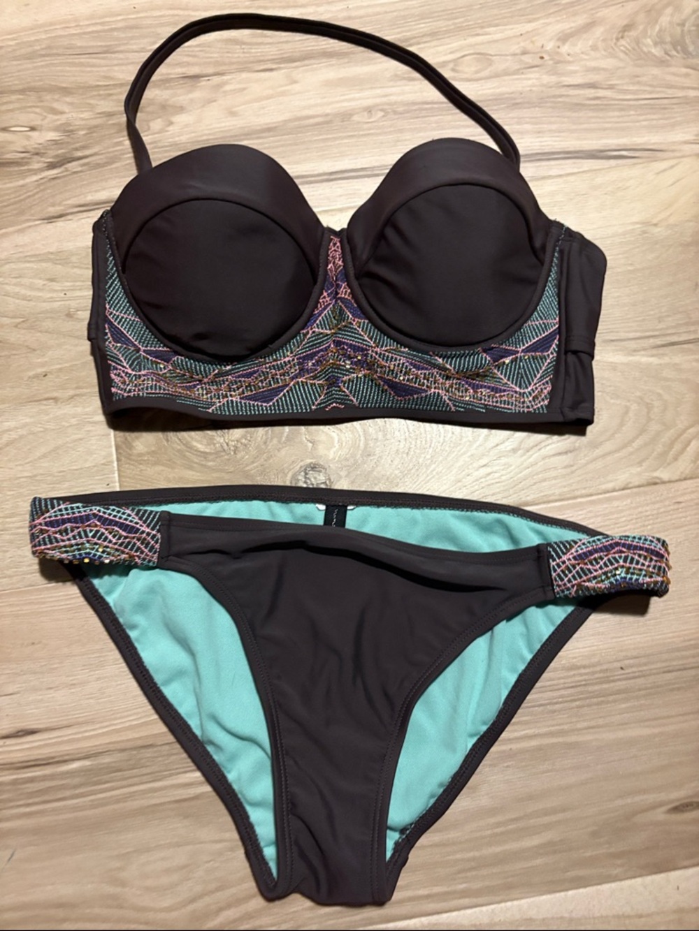Women’s Dark Grey Two-Piece Swim Bikini with Mint Lining